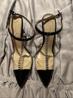 Jessica Simpson Black Pointed PVC Ankle-Strap Pumps